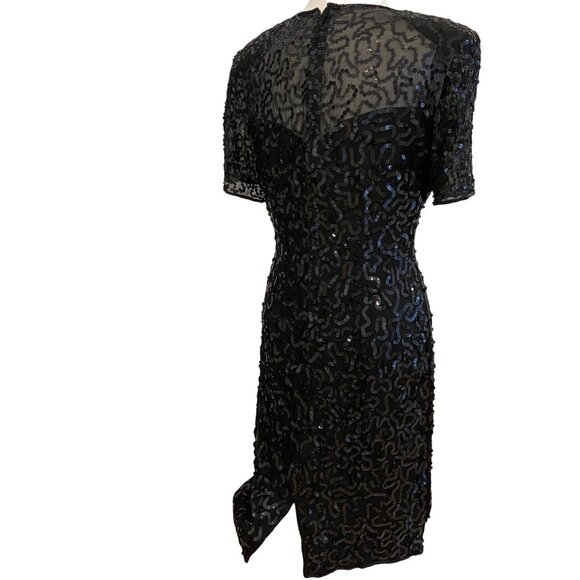 NWT Vintage Principles Black Cocktail Dress Silk Sequin Short Sleeve Sheer Back - Picture 3 of 16